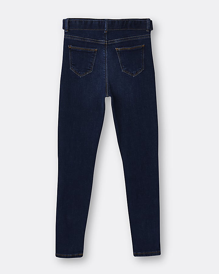 Girls blue belted rip skinny jeans