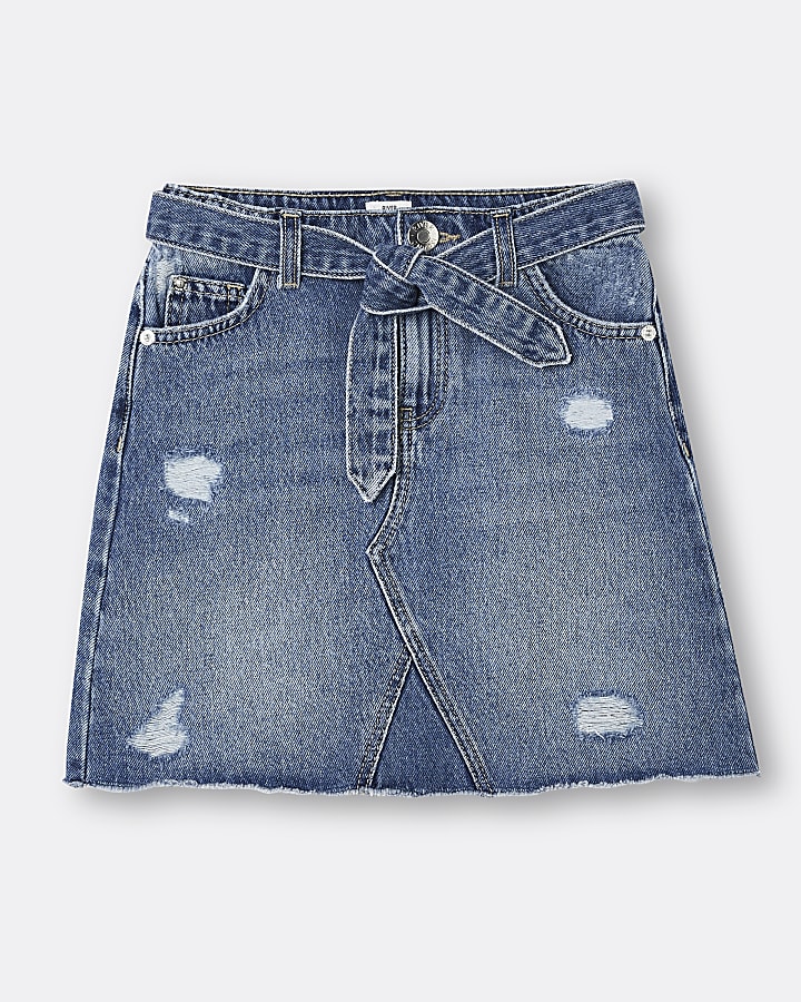 Girls blue belted ripped detail denim skirt