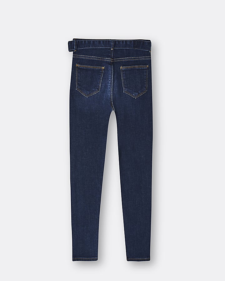 Girls blue belted skinny jeans