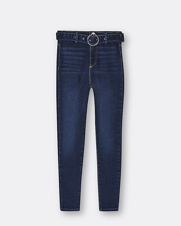 Girls blue belted skinny jeans