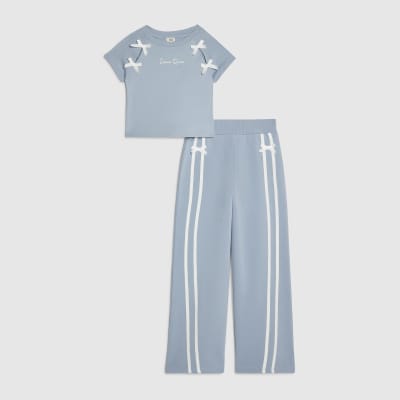 Girls Blue Bow Taped Wide Leg Joggers Set