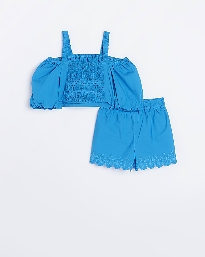 Girls Blue broderie top and shorts set