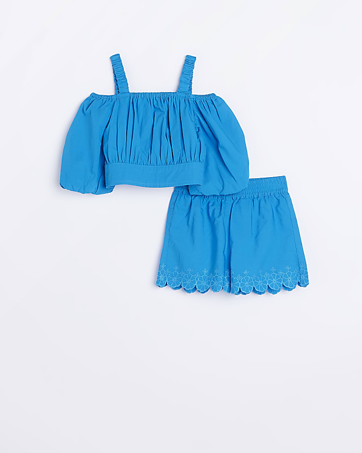 Girls Blue broderie top and shorts set