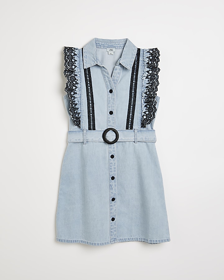 Girls blue broidery frill denim belted dress