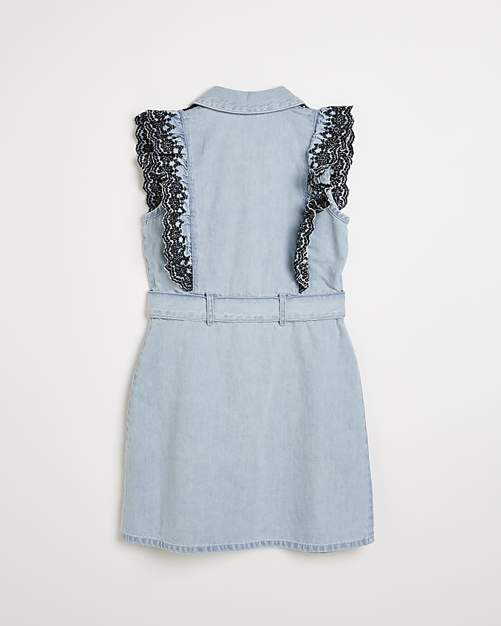 Girls blue broidery frill denim belted dress