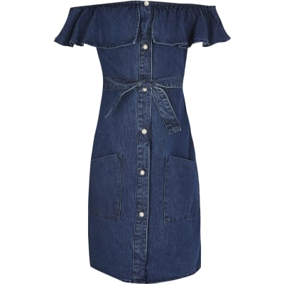 river island blue belted midi denim dress