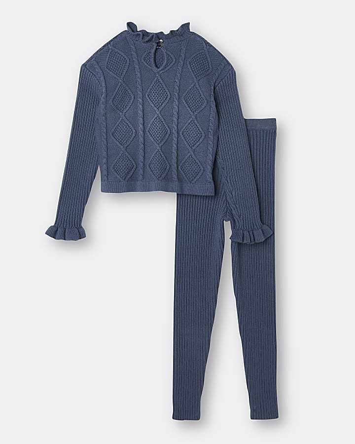 Girls blue cable knit jumper outfit