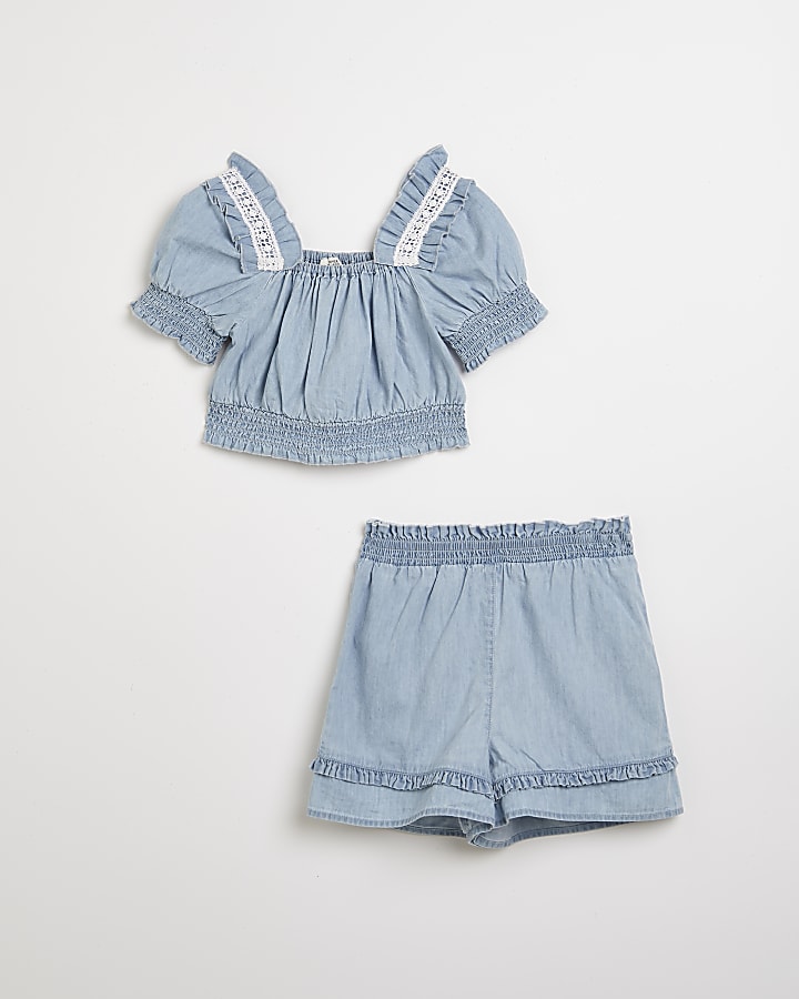 Girls blue chambray cropped blouse outfit