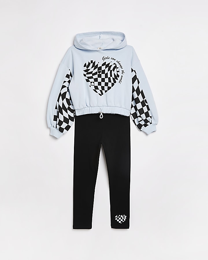Girls blue checkerboard hoodie outfit