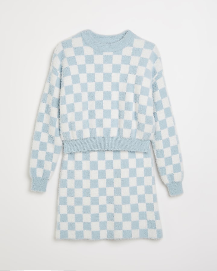 Girls blue checkerboard knit top and skirt
