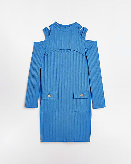 Girls Blue cold shoulder Pocket Ribbed Dress
