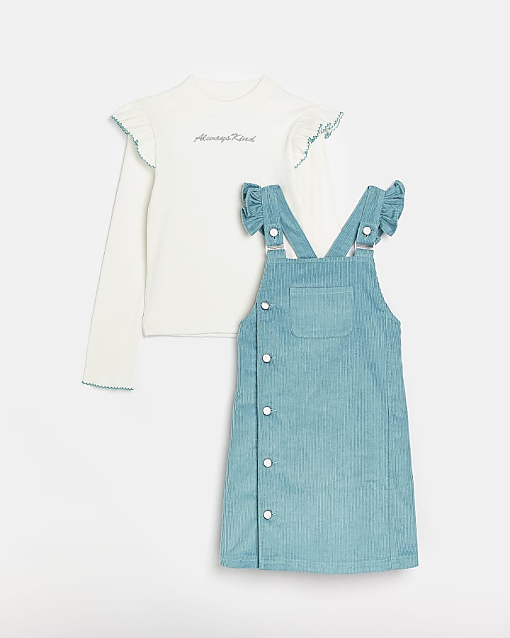 Girls blue corduroy pinafore dress outfit