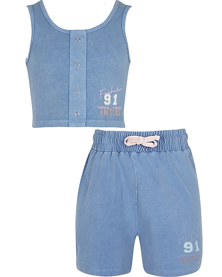 Girls blue crop top and shorts outfit