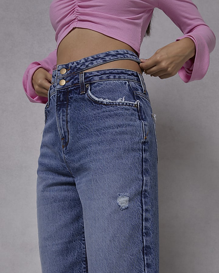 Girls blue cut out wide leg jeans