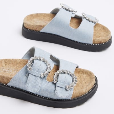 Girls blue denim buckle corkbed sandals River Island