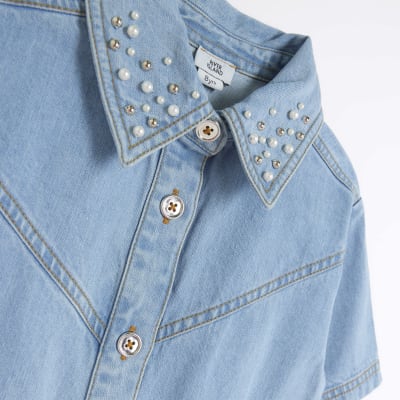 Girls blue denim embellished shirt dress River Island
