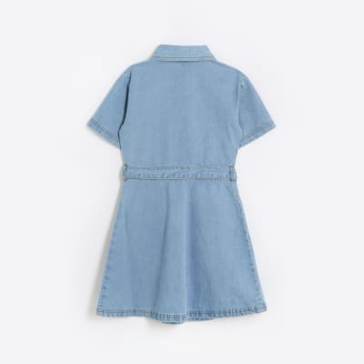 Girls blue denim embellished shirt dress River Island
