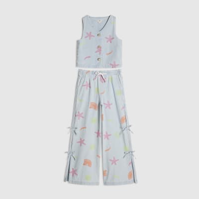 Girls Blue Denim Embroidered Waistcoat Set