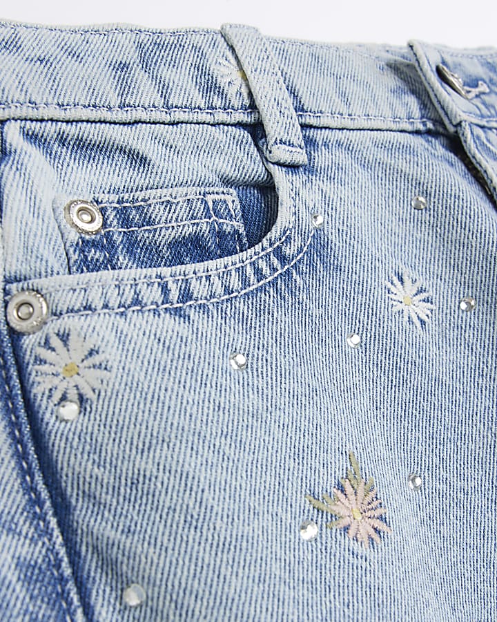 Girls Blue Denim Floral Embroidered Mom Jeans