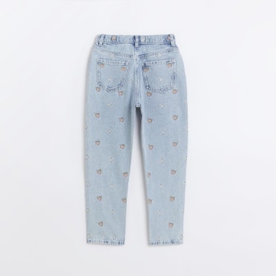 Girls Blue Denim Floral Embroidered Mom Jeans