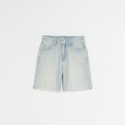 Girls blue denim frayed hem shorts