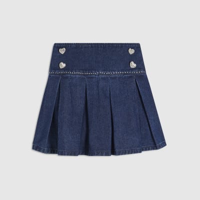 Girls Blue Denim Heart Pleated Skirt