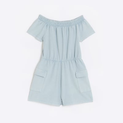 Girls blue denim look bardot cargo playsuit