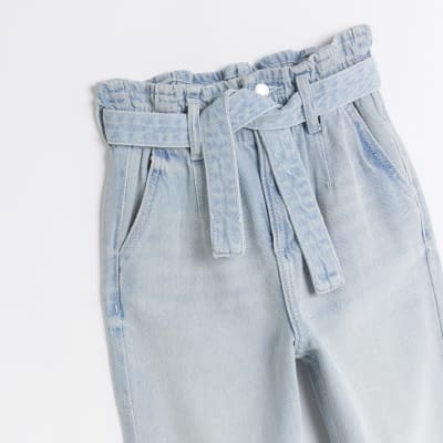 Girls Blue Denim Paper Bag belted Jeans