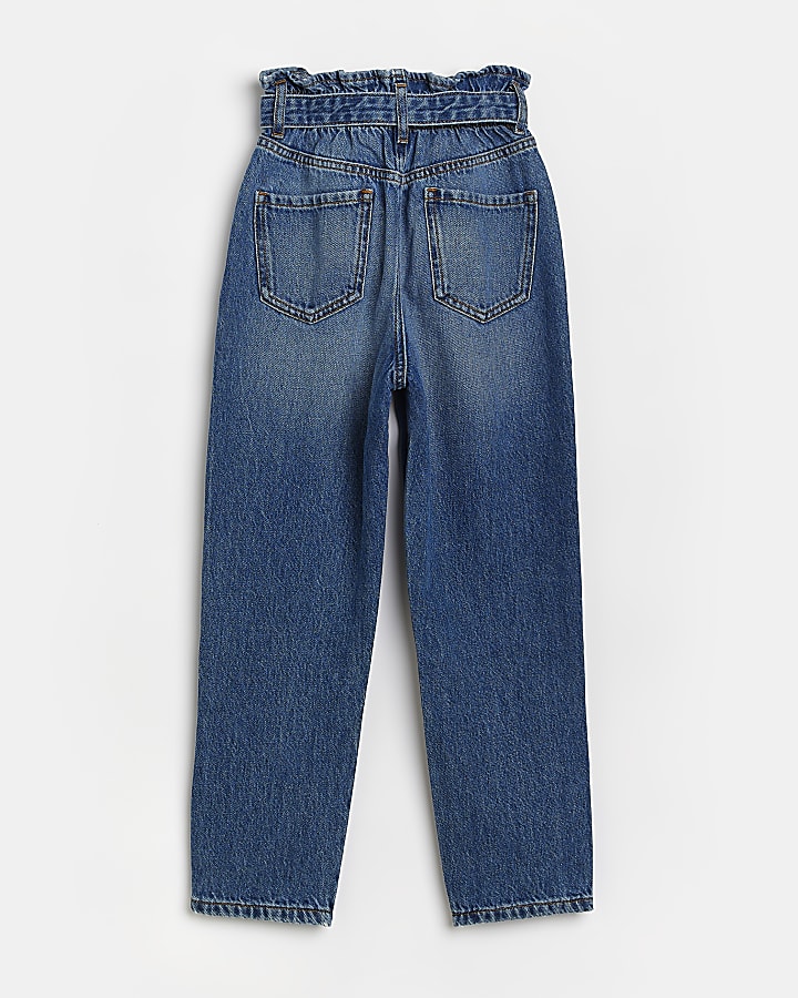Girls blue denim paper bag belted jeans