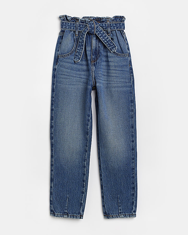 Girls blue denim paper bag belted jeans