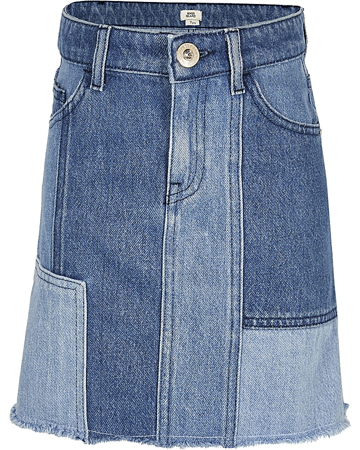 Girls blue denim patchwork skirt