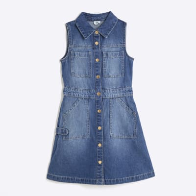Girls blue denim pinafore dress River Island