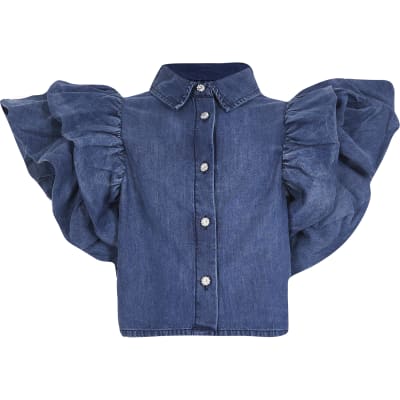 denim ruffle sleeve top