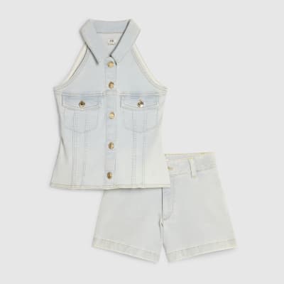 Girls Blue Denim Waistcoat And Shorts Set