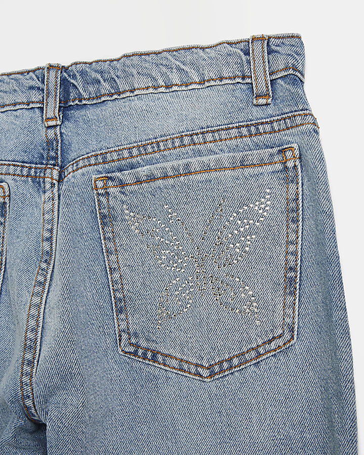 Girls blue diamante pocket ripped mom jeans