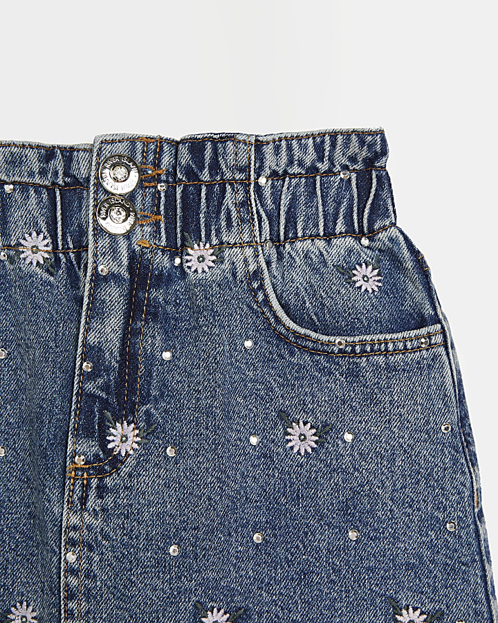 Girls blue ditsy embroidered denim skirt