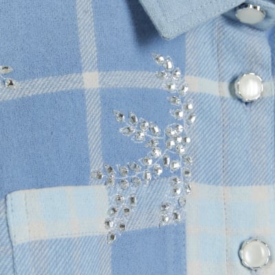 Girls blue embellished check shirt
