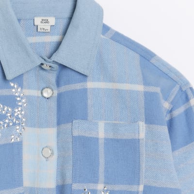 Girls blue embellished check shirt