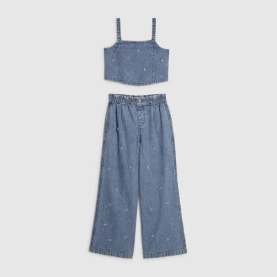 Girls Blue Embellished Denim Top & Jeans Set