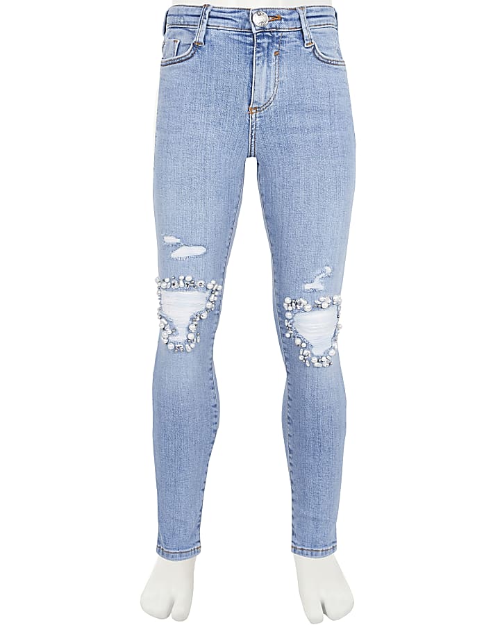 Girls blue embellished mid rise skinny jeans