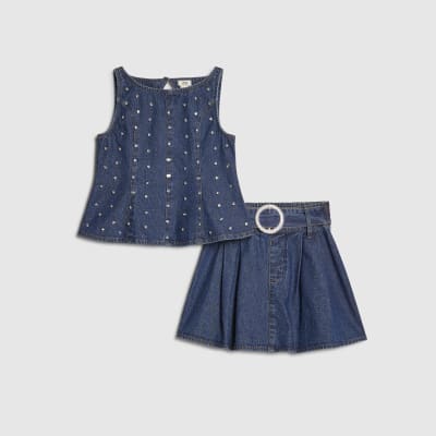 Girls Blue Embellished Peplum Denim Skirt Set | River Island