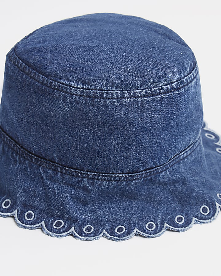 Girls blue embroidered denim bucket hat