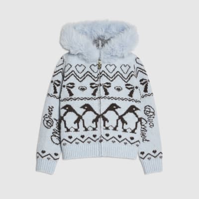 Girls Blue Faux Fur Hooded Zip Cardigan | River Island