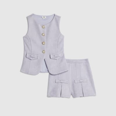 Girls Blue Faux Suede Waistcoat Set