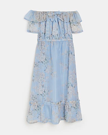 Girls blue floral bardot maxi dress
