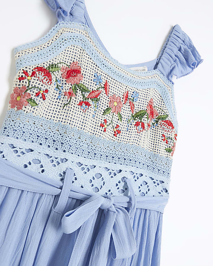 Girls blue floral crochet jumpsuit