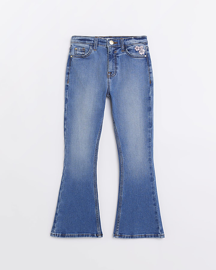 Girls blue floral embroidered flared jeans | River Island