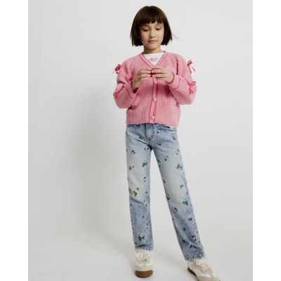 Girls Blue Floral Embroidered Straight Jeans