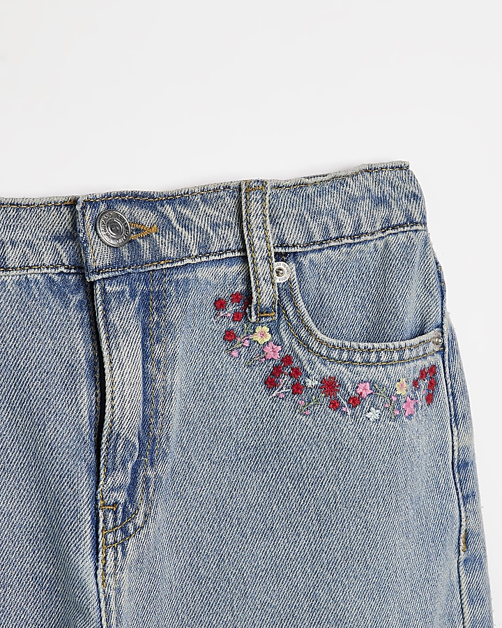 Girls blue floral embroidered straight jeans