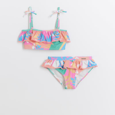 Girls blue floral frill bikini set | River Island